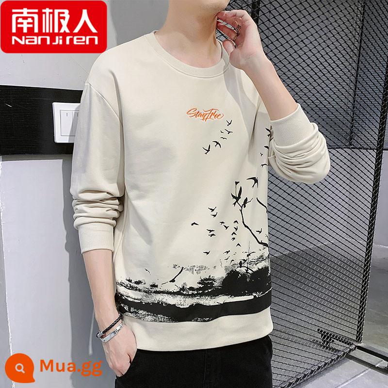 Nanjiren Áo Thun Dài Tay Nam Xuân Thu 2023 Mới Cotton Dày Dặn Áo Sơ Mi Nam Thu Đông Đáy Quần Áo - 21086#màu be