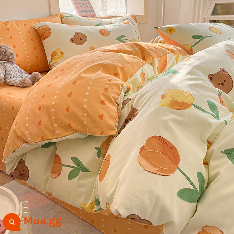 Nhỏ Tươi Giường Bộ 4 Cotton Nguyên Chất 100 Vỏ Chăn Ga Giường Ký Túc Xá Giường 3 Bộ 4 Vỏ Chăn Trẻ Em - gấu tử đinh hương