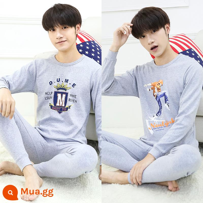 Thanh niên quần áo mùa thu quần vệ sinh phù hợp với cotton nguyên chất nam big boy trường trung học cơ sở học sinh trung học sưởi ấm quần áo cotton áo len cotton - A6) Gai màu xám M + gai màu xám nước chơi (hai bộ cổ tròn)