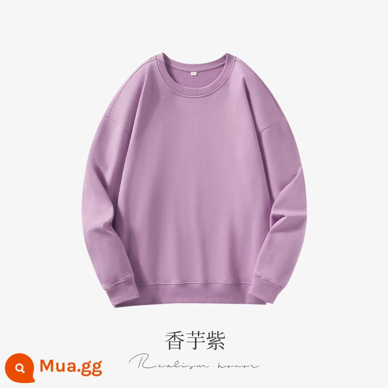 Cổ tròn cotton dày T tùy chỉnh in logo mùa thu đông dày công sở tùy chỉnh thêu bông nguyên chất thả vai tay dài đội quần áo - Taro Purple