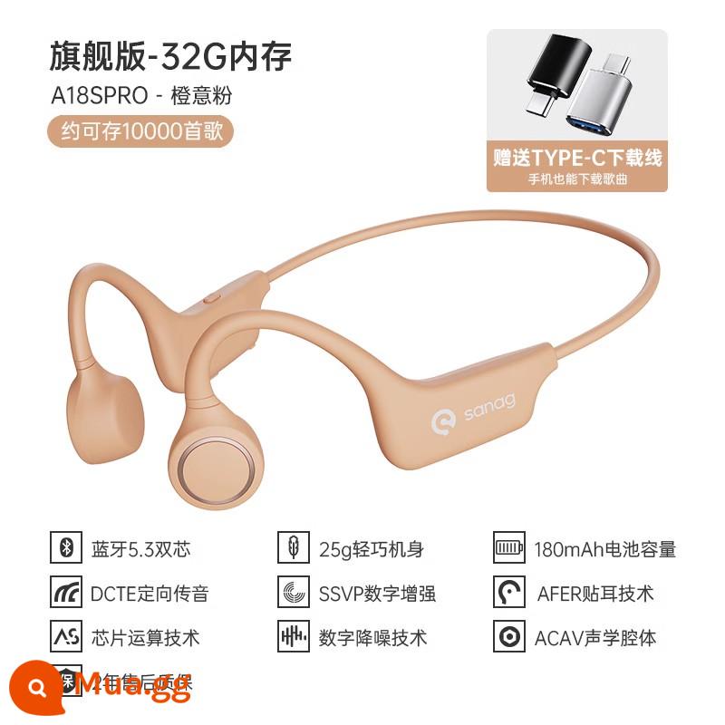 Sanag Sena True Bone Conduction Tai nghe Bluetooth không dây cảm ứng khí thể thao Running Ear-Hook - Phiên bản hàng đầu: Orange Spaghetti [Bộ nhớ 32G + Chất lượng âm thanh không bị méo tiếng HiFi + Giảm tiếng ồn kỹ thuật số DESE]