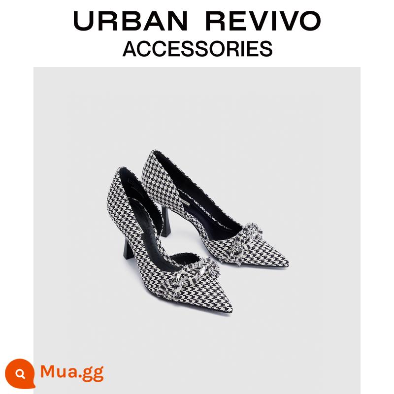 URBAN REVIVO2022 mùa đông mới giày cao gót nữ mũi nhọn răng houndstooth UAWS32054 - kẻ sọc đen xám nhạt