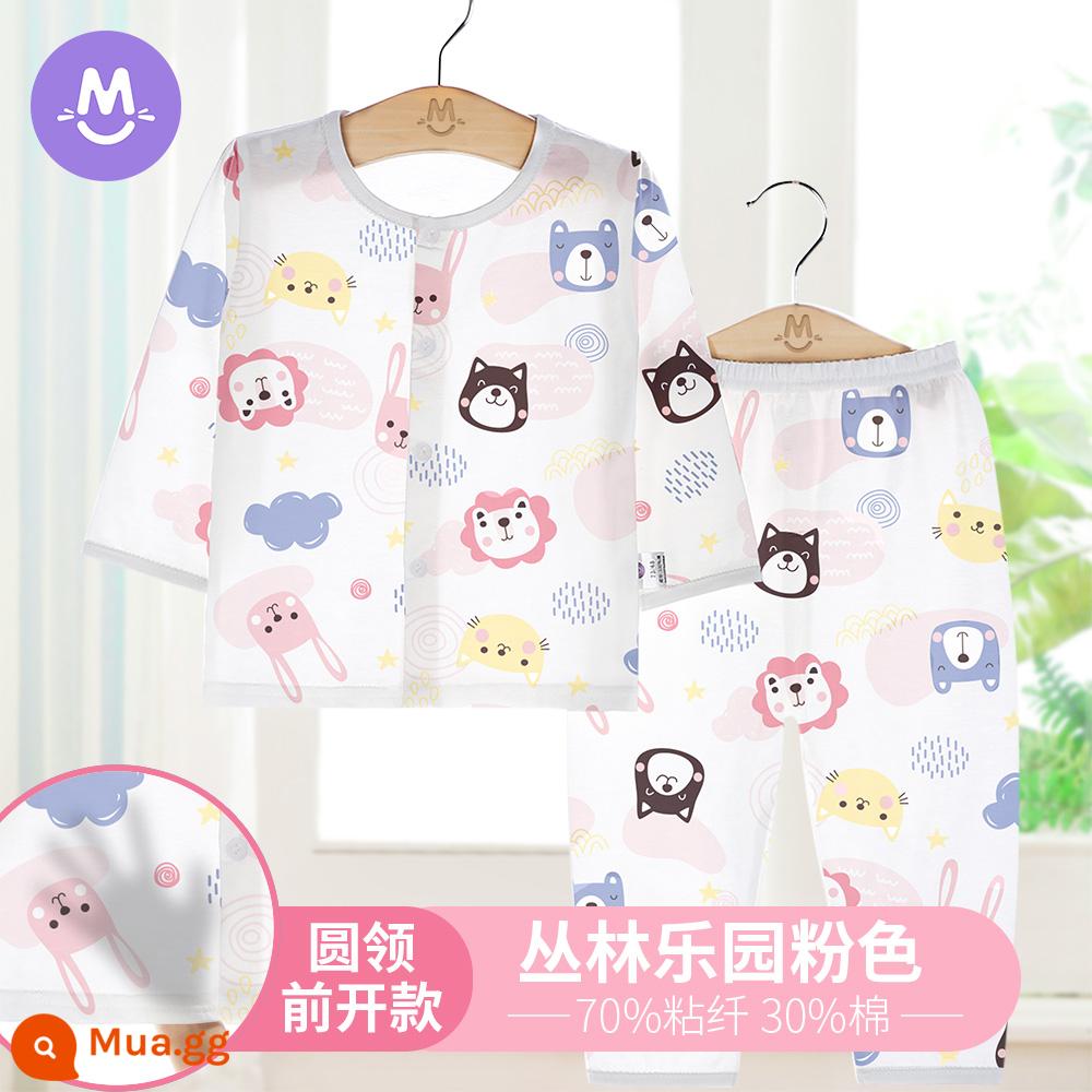 Bộ quần áo điều hòa không khí trong nhà cho bé cotton mỏng mùa hè Bộ đồ ngủ trẻ em dài tay phù hợp với bé trai và bé gái mùa xuân và mùa thu - [Tre]Bột rừng mở phía trước