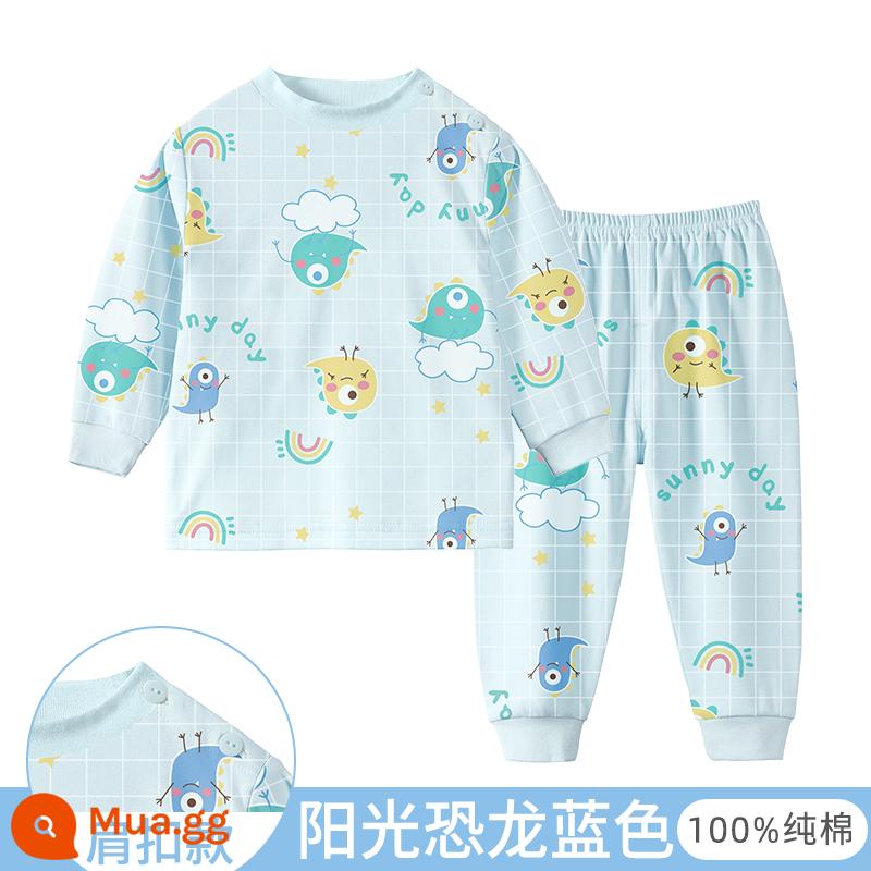 Bộ quần áo thu đông cho bé, quần lót trẻ em cotton nguyên chất, quần vệ sinh bé trai, đồ ngủ cotton, áo len cotton, kiểu dáng ấm áp cho bé gái - [Cổ giữa] Khủng long màu xanh