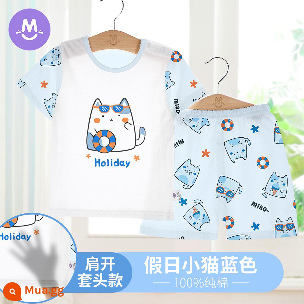 Bộ đồ ngủ ngắn tay mùa hè cho trẻ em Bộ quần áo điều hòa không khí cho bé gái cotton nguyên chất mỏng phần bé trai trẻ sơ sinh quần áo mùa hè dịch vụ tại nhà - mèo con màu xanh