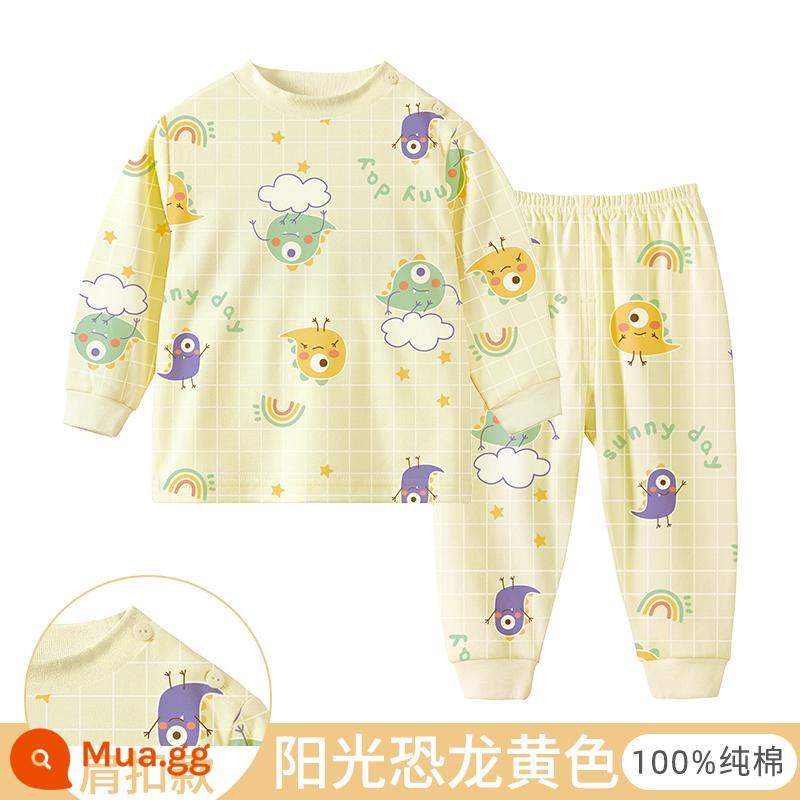 Bộ quần áo thu đông cho bé, quần lót trẻ em cotton nguyên chất, quần vệ sinh bé trai, đồ ngủ cotton, áo len cotton, kiểu dáng ấm áp cho bé gái - [Cổ giữa] Khủng long màu vàng