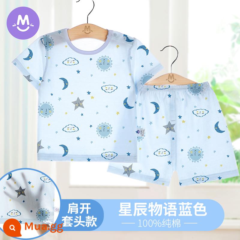 Bộ đồ ngủ ngắn tay mùa hè cho trẻ em Bộ quần áo điều hòa không khí cho bé gái cotton nguyên chất mỏng phần bé trai trẻ sơ sinh quần áo mùa hè dịch vụ tại nhà - ngôi sao xanh