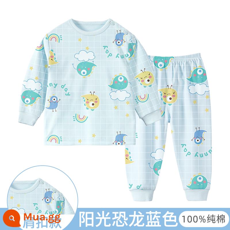 Bộ quần áo thu đông cho bé, quần lót trẻ em cotton nguyên chất, quần vệ sinh bé trai, đồ ngủ cotton, áo len cotton, kiểu dáng ấm áp cho bé gái - khủng long màu xanh