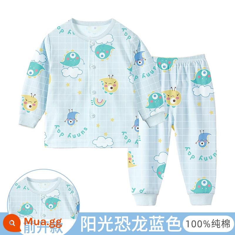 Bộ quần áo thu đông cho bé, quần lót trẻ em cotton nguyên chất, quần vệ sinh bé trai, đồ ngủ cotton, áo len cotton, kiểu dáng ấm áp cho bé gái - [Mở trước]Màu xanh khủng long