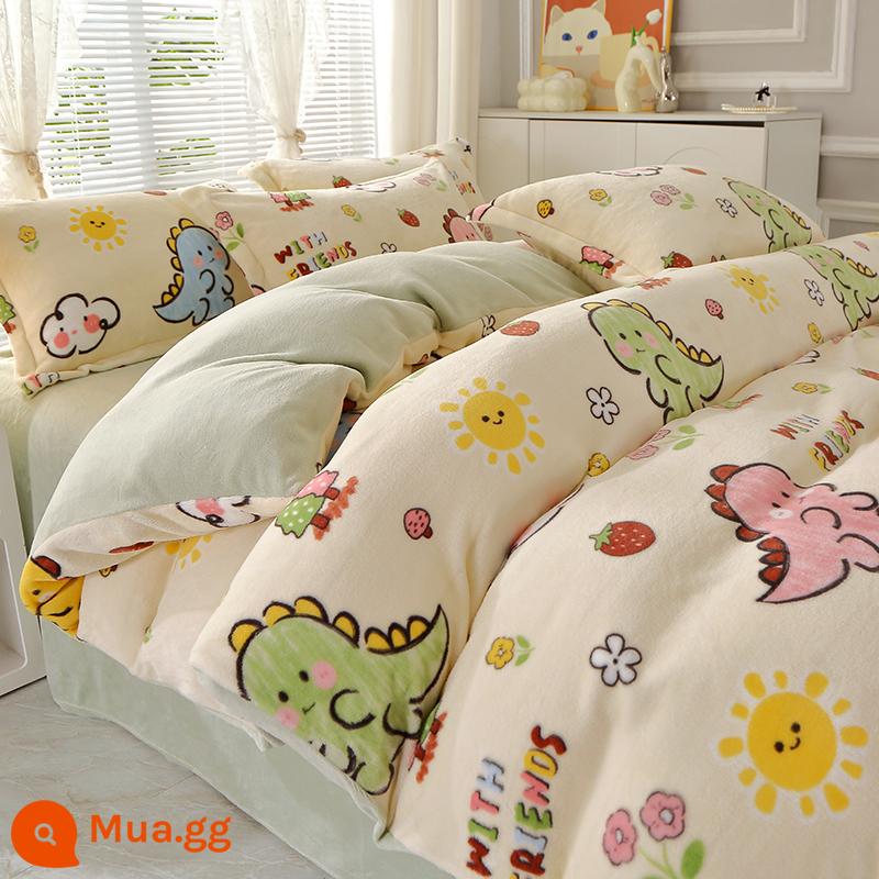 Làm dày mùa đông nhung san hô vỏ chăn đơn mảnh nhung sữa sang trọng mẫu giáo trẻ em Plus nhung flannel vỏ chăn đôi - Nhung sữa dày hạnh phúc khủng long