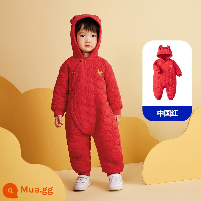 Mini balabara quần áo trẻ em nam và nữ bé quần áo mùa đông bông jumpsuit màu đỏ quần áo năm mới lời chúc mừng năm mới - Đỏ Trung Quốc 60611