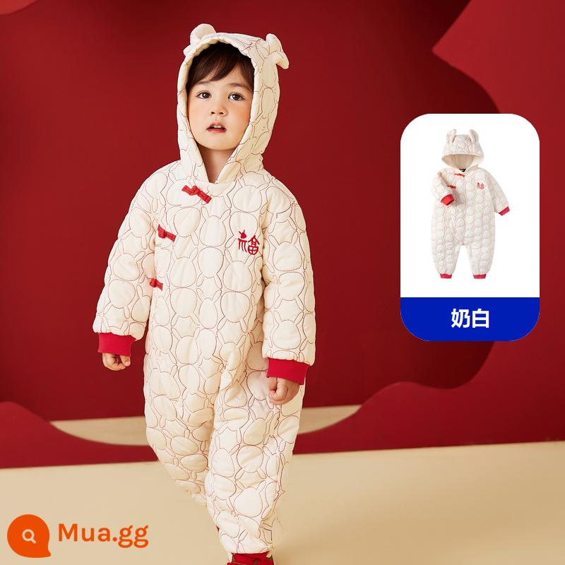 Mini balabara quần áo trẻ em nam và nữ bé quần áo mùa đông bông jumpsuit màu đỏ quần áo năm mới lời chúc mừng năm mới - Sữa trắng 10501