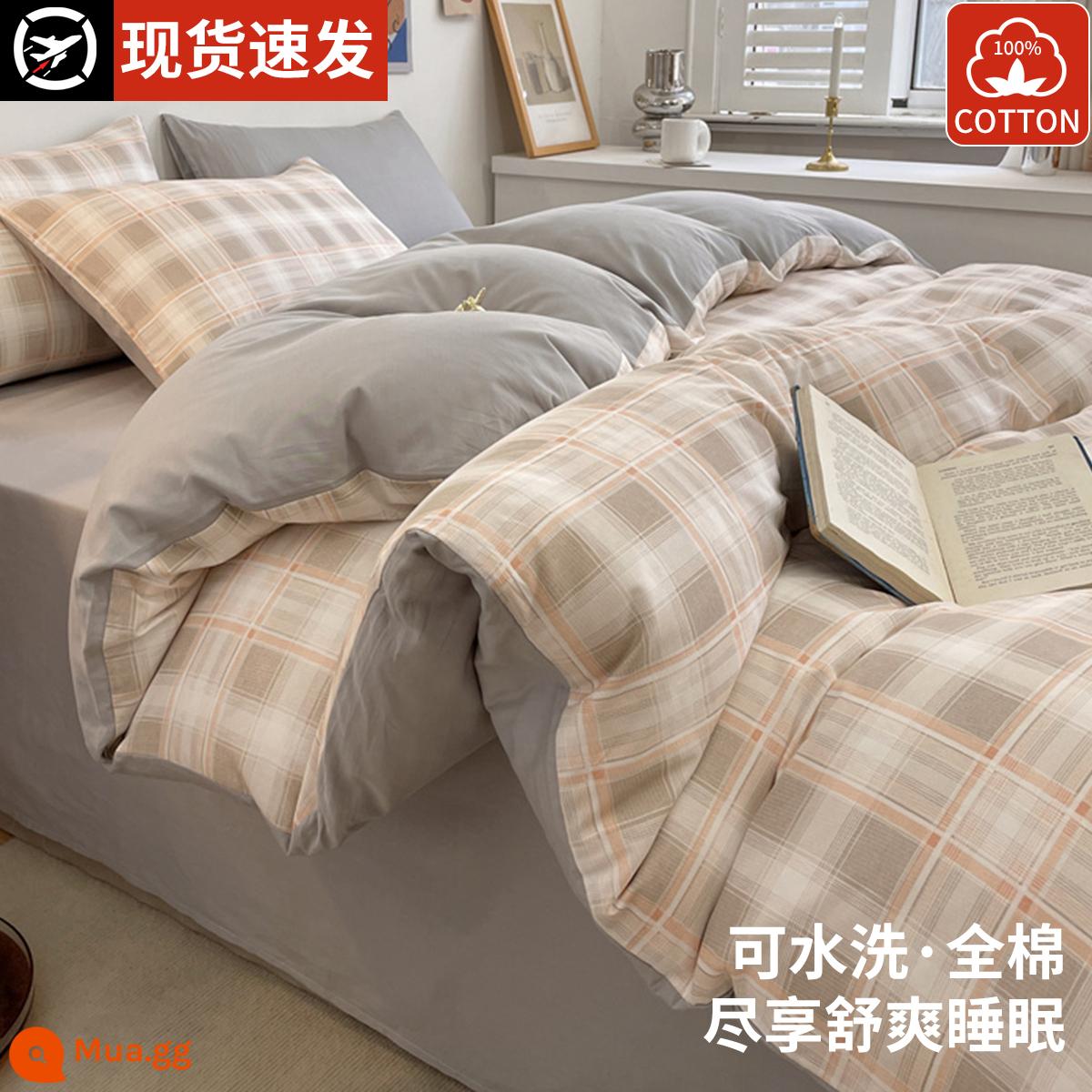 100% cotton nguyên chất Giường 100% cotton Bộ bốn món ga trải giường mùa thu đông Vỏ chăn ga trải giường ký túc xá Bộ ba món 2023 ga trải giường mới 4 - Chất lượng [nâng cấp 600T/100% cotton chải kỹ]