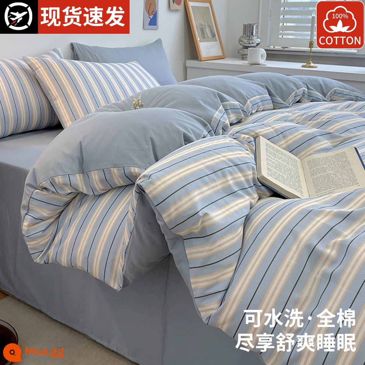 100% cotton nguyên chất Giường 100% cotton Bộ bốn món ga trải giường mùa thu đông Vỏ chăn ga trải giường ký túc xá Bộ ba món 2023 ga trải giường mới 4 - California Blue [nâng cấp 600T/100% cotton chải kỹ]