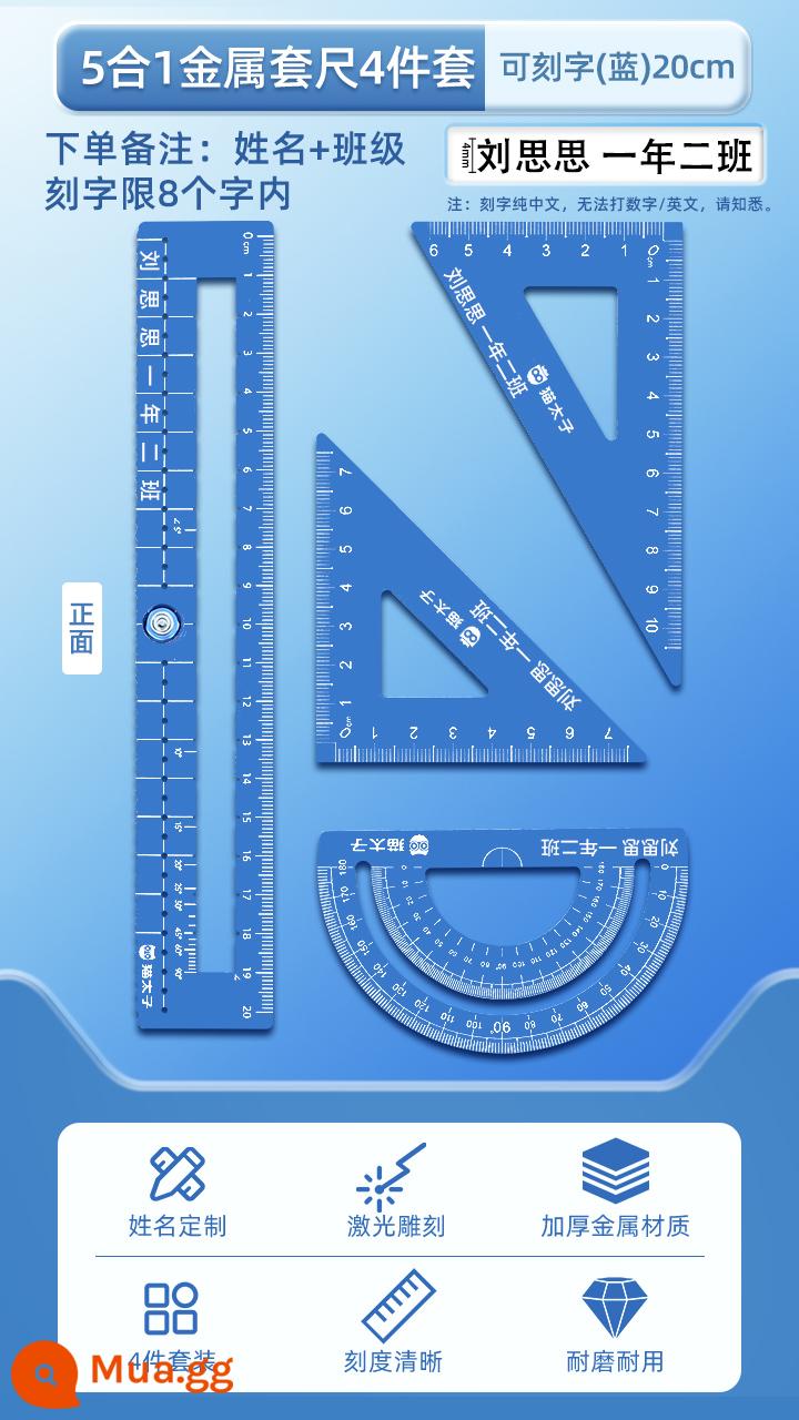 Cat Prince Bộ kim loại Thước kẻ Học sinh tiểu học tùy chỉnh Tên khắc đặc biệt Cấp một Thước kẻ chữ tam giác cấp hai Bộ bốn mảnh Thước tấm tam giác Thước học sinh Thước đo góc Văn phòng phẩm học tập - Bộ 4 chân 5 trong 1 [theo yêu cầu] xanh 20cm - lưng trống