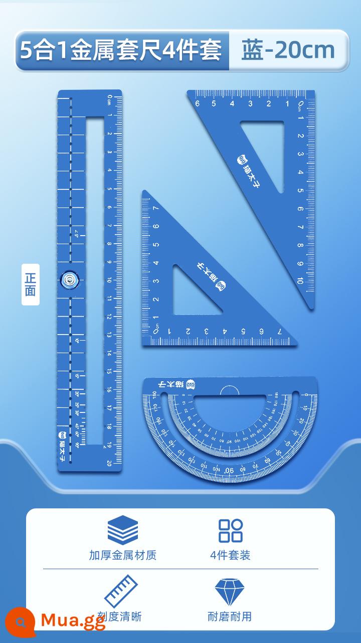 Cat Prince Bộ kim loại Thước kẻ Học sinh tiểu học tùy chỉnh Tên khắc đặc biệt Cấp một Thước kẻ chữ tam giác cấp hai Bộ bốn mảnh Thước tấm tam giác Thước học sinh Thước đo góc Văn phòng phẩm học tập - Bộ 4 chân 5 trong 1- xanh 20cm