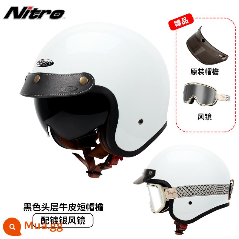 Anh Nitro Retro Harley Đầu Máy Mũ Nam Nữ Mùa Đông Chống Sương Mù Đầu Máy Mũ Bảo Hiểm Nửa Bluetooth Cá Tính Thoáng Mát chạy Bộ - Trắng ngọc trai (gửi kính trắng thắt lưng mạ bạc + vành mũ da đen)