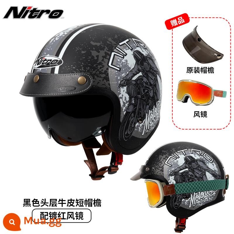 Anh Nitro Retro Harley Đầu Máy Mũ Nam Nữ Mùa Đông Chống Sương Mù Đầu Máy Mũ Bảo Hiểm Nửa Bluetooth Cá Tính Thoáng Mát chạy Bộ - Xe máy màu xám (kèm kính xanh mạ đỏ + vành mũ da đen)