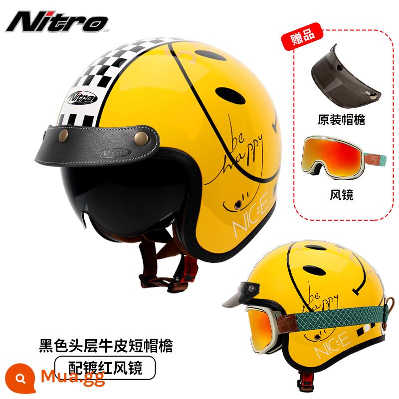 Anh Nitro Retro Harley Đầu Máy Mũ Nam Nữ Mùa Đông Chống Sương Mù Đầu Máy Mũ Bảo Hiểm Nửa Bluetooth Cá Tính Thoáng Mát chạy Bộ - Mặt cười màu vàng (kèm kính mạ đỏ thắt lưng xanh + vành mũ da đen)