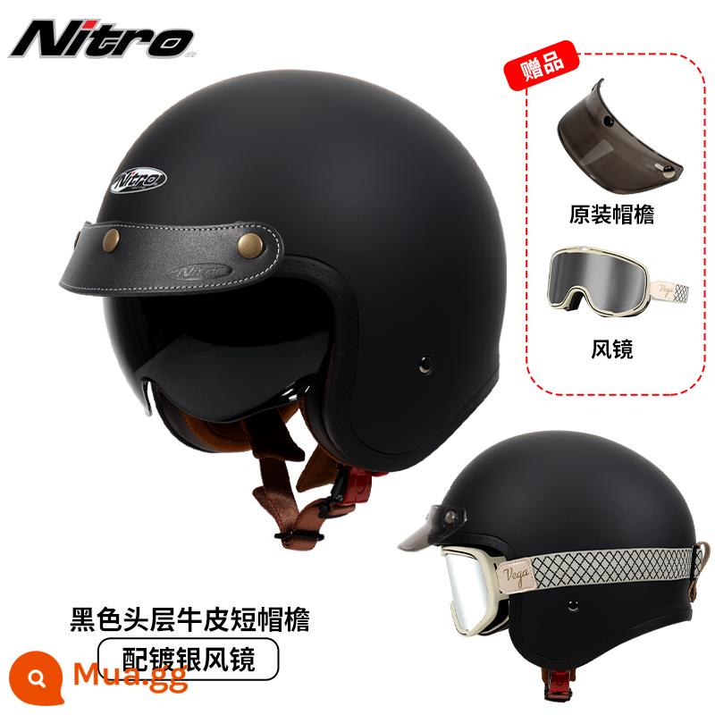 Anh Nitro Retro Harley Đầu Máy Mũ Nam Nữ Mùa Đông Chống Sương Mù Đầu Máy Mũ Bảo Hiểm Nửa Bluetooth Cá Tính Thoáng Mát chạy Bộ - Đen mờ (gửi kính mạ bạc thắt lưng trắng + vành mũ da đen)