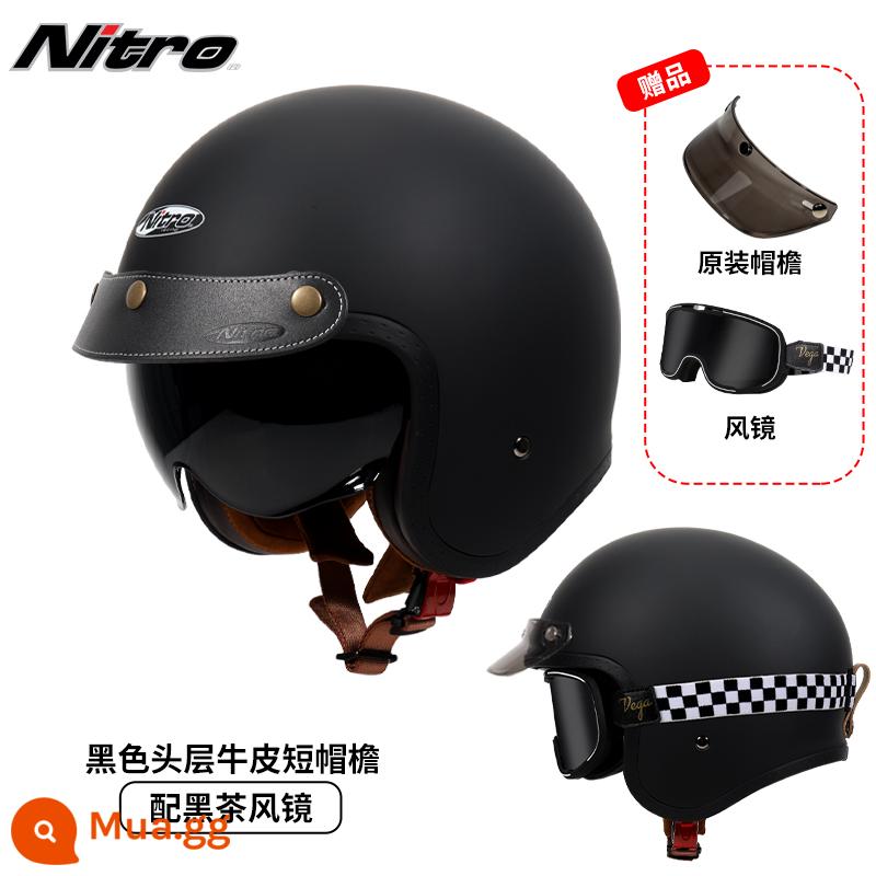 Anh Nitro Retro Harley Đầu Máy Mũ Nam Nữ Mùa Đông Chống Sương Mù Đầu Máy Mũ Bảo Hiểm Nửa Bluetooth Cá Tính Thoáng Mát chạy Bộ - Đen mờ (đi kèm kính trà đen kẻ sọc + vành mũ da đen)