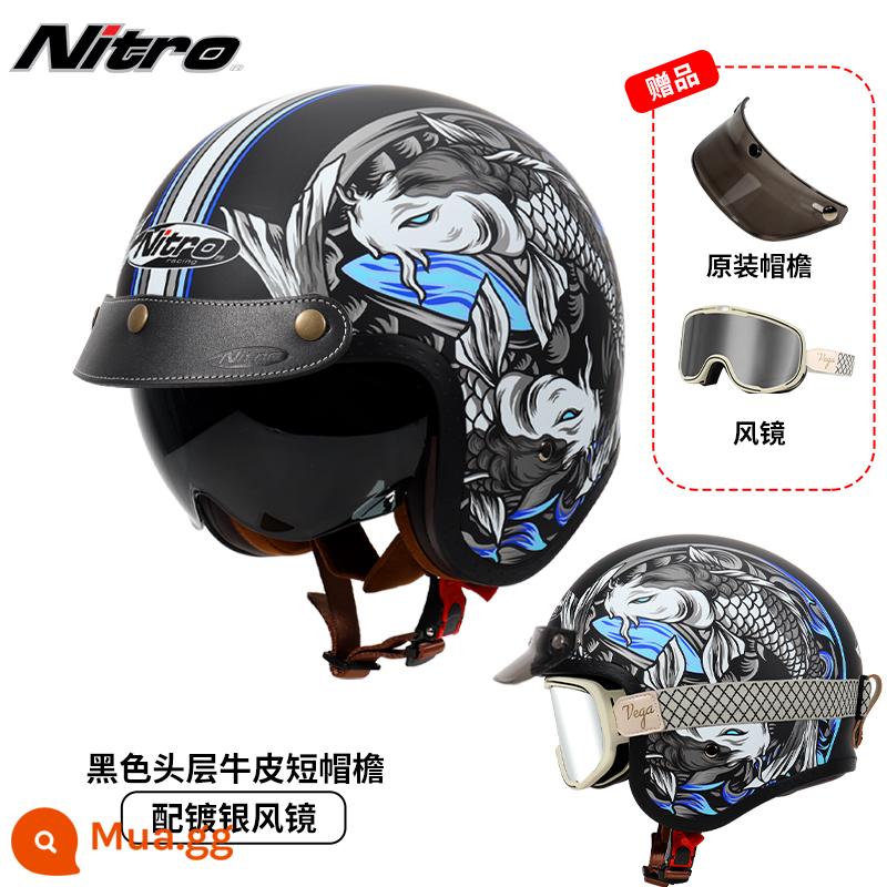 Anh Nitro Retro Harley Đầu Máy Mũ Nam Nữ Mùa Đông Chống Sương Mù Đầu Máy Mũ Bảo Hiểm Nửa Bluetooth Cá Tính Thoáng Mát chạy Bộ - Song Ngư xanh (gửi kính trắng thắt lưng mạ bạc + vành mũ da đen)