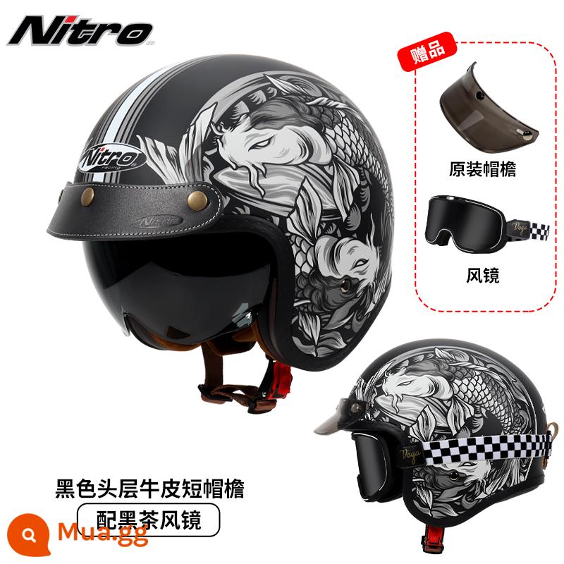 Anh Nitro Retro Harley Đầu Máy Mũ Nam Nữ Mùa Đông Chống Sương Mù Đầu Máy Mũ Bảo Hiểm Nửa Bluetooth Cá Tính Thoáng Mát chạy Bộ - Xám Song Ngư (kèm kính trà đen kẻ sọc + vành mũ da đen)