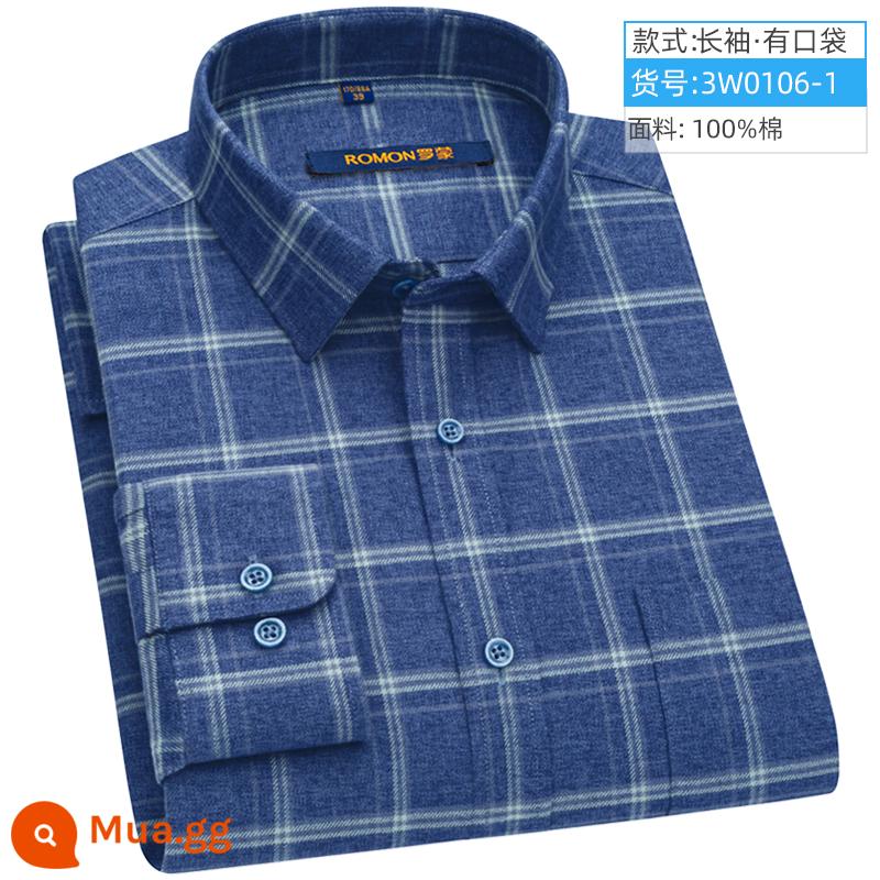 Romon Mùa Xuân Áo Sơ Mi Nam Dài Tay Công Sở Màu Xanh Kẻ Sọc Áo Sơ Mi Nam Trung Niên Cotton Chải Bố Mặc - 3W0106-1