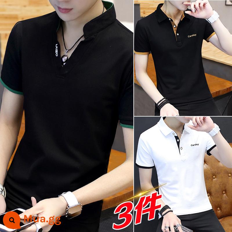 Áo thun nam ngắn tay cổ chữ V lưới cotton nguyên chất xu hướng mùa hè 2023 Áo sơ mi polo cổ đứng đẹp mắt Áo thun mỏng - 378 đen + 130 trắng + 130 đen