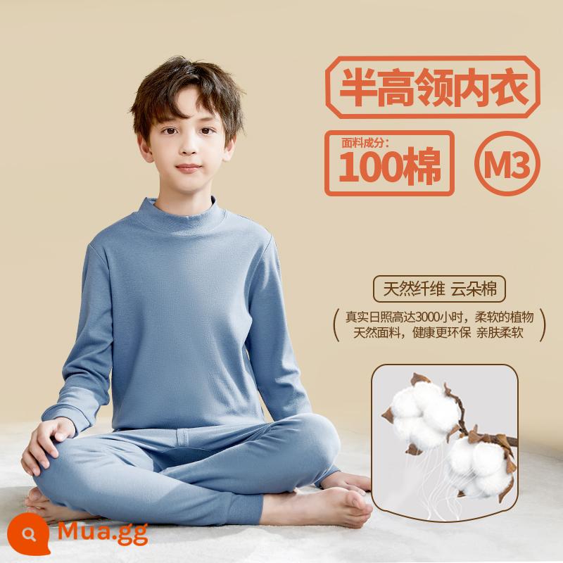 Quần áo mùa thu cotton dành cho bé trai Catman Quần vệ sinh Bộ đồ lót giữ nhiệt trẻ em Cotton nguyên chất vừa và lớn Áo len cotton mùa xuân thu đông cho trẻ em - Màu xanh hải quân [nửa cổ cao]