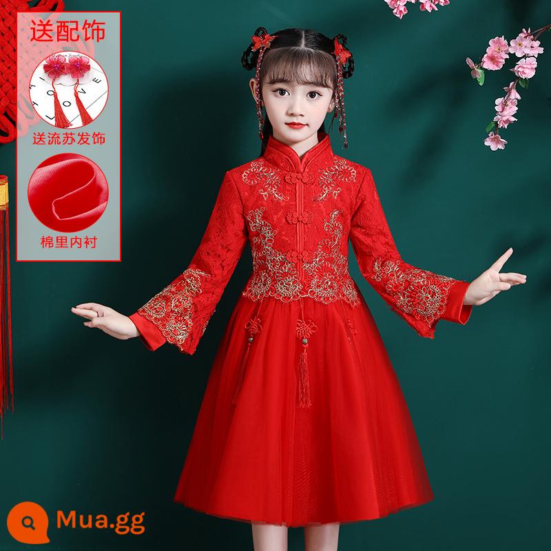 Hanfu Quần áo mùa đông cho bé gái Phong cách Trung Hoa Tang Suit Quần áo chúc mừng năm mới Sườn xám trẻ em bé gái Trang phục cổ trang phục mùa thu và mùa đông - 1690 đỏ-không nhung [kẹp tóc tua rua miễn phí]