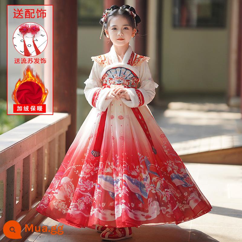 Hanfu Bé Gái Mùa Đông Phong Cách Trung Hoa Cổ Trang Phục Mùa Đông Quần Áo Năm Mới Đường Phù Hợp Với 2023 Nữ Mới Trẻ Em Cổ Phong Cách Váy - 5221 đỏ + kẹp tóc tua rua + miếng dán lông mày [Hàng có sẵn, giao hàng nhanh]