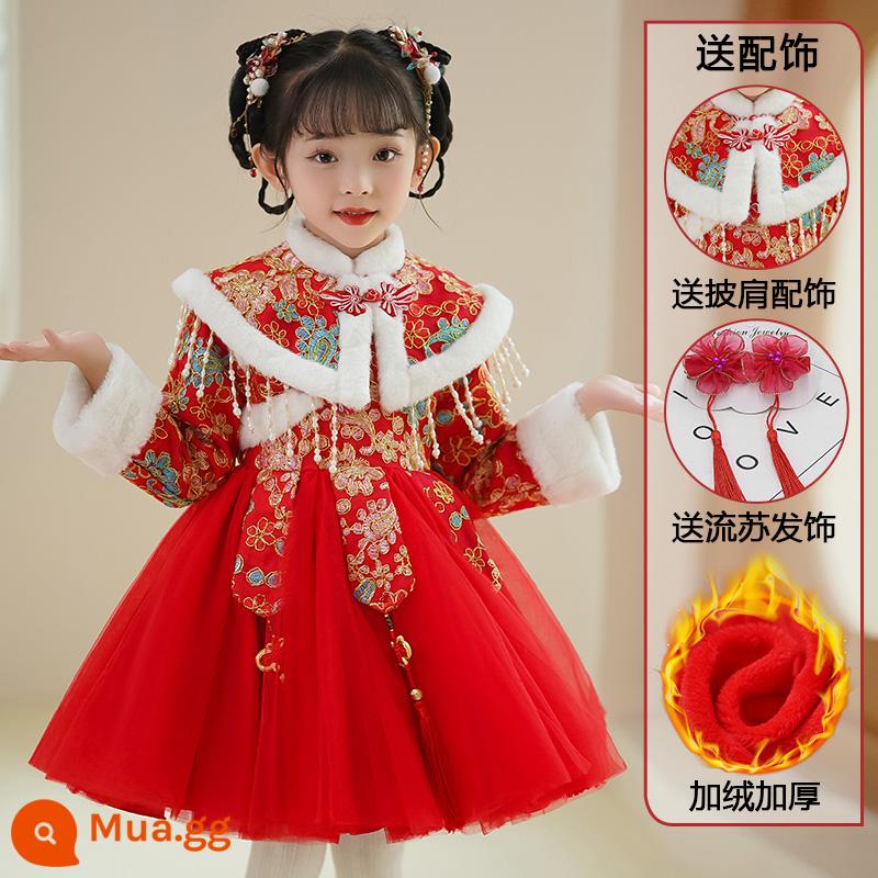 Hanfu Bé Gái Mùa Đông Phong Cách Trung Hoa Cổ Trang Phục Mùa Đông Quần Áo Năm Mới Đường Phù Hợp Với 2023 Nữ Mới Trẻ Em Cổ Phong Cách Váy - 8936 Đỏ + [Vai Mây] + Kẹp Tóc Tua Rua + Sticker Dán Lông Mày