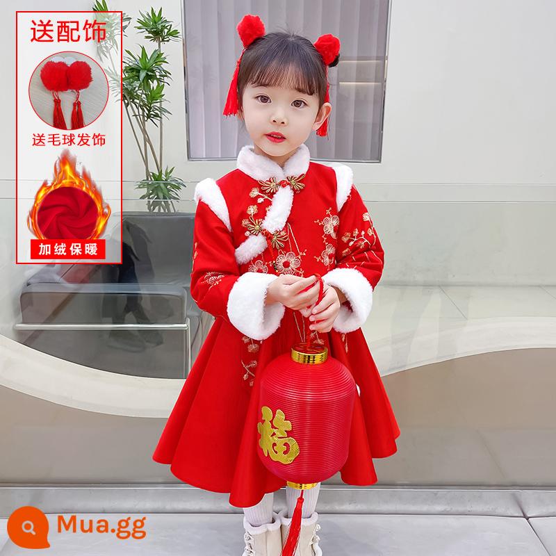 Hanfu Quần áo mùa đông cho bé gái Phong cách Trung Hoa Tang Suit Quần áo chúc mừng năm mới Sườn xám trẻ em bé gái Trang phục cổ trang phục mùa thu và mùa đông - 8593 đỏ - nhung toàn thân [miễn phí búi tóc] [có hàng, giao hàng nhanh]