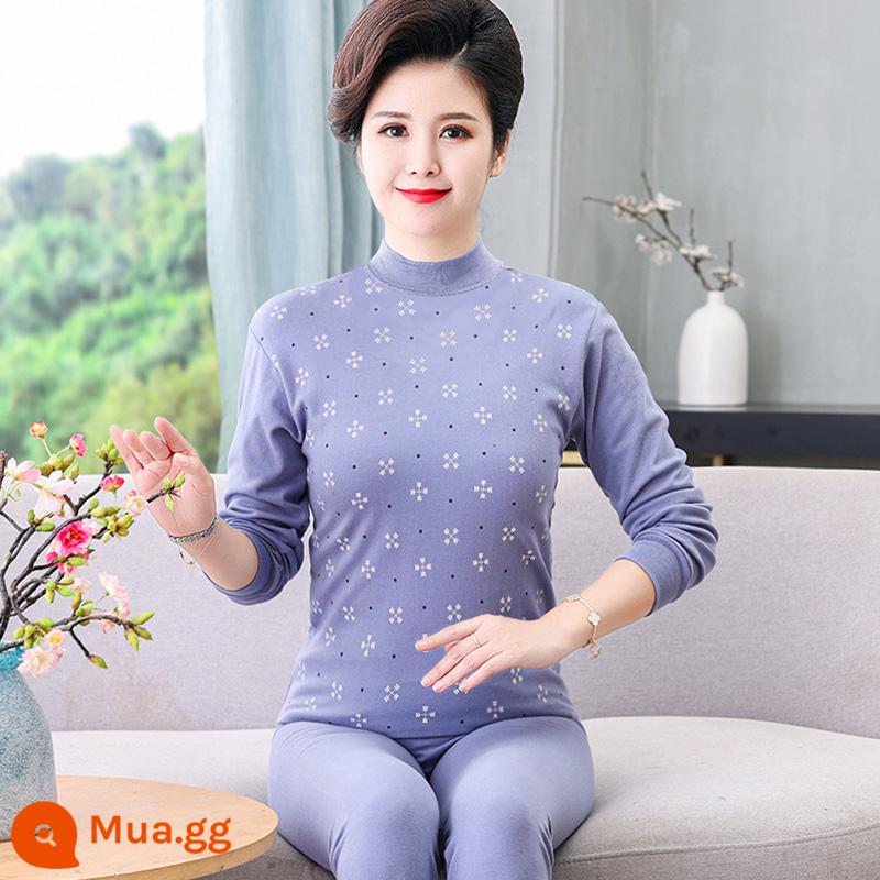 Trung niên và người cao tuổi quần áo mùa thu vệ sinh quần cotton nguyên chất của phụ nữ phù hợp với mẹ kích thước lớn sưởi ấm quần áo nam cao tuổi áo len cotton - 308 cổ áo giữa bông tuyết màu xám xanh