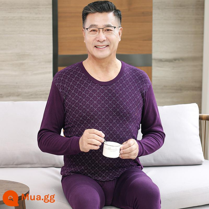 Trung niên và người cao tuổi quần áo mùa thu vệ sinh quần cotton nguyên chất của phụ nữ phù hợp với mẹ kích thước lớn sưởi ấm quần áo nam cao tuổi áo len cotton - Mẫu nam-3607 cổ tròn màu tím sốt đỏ