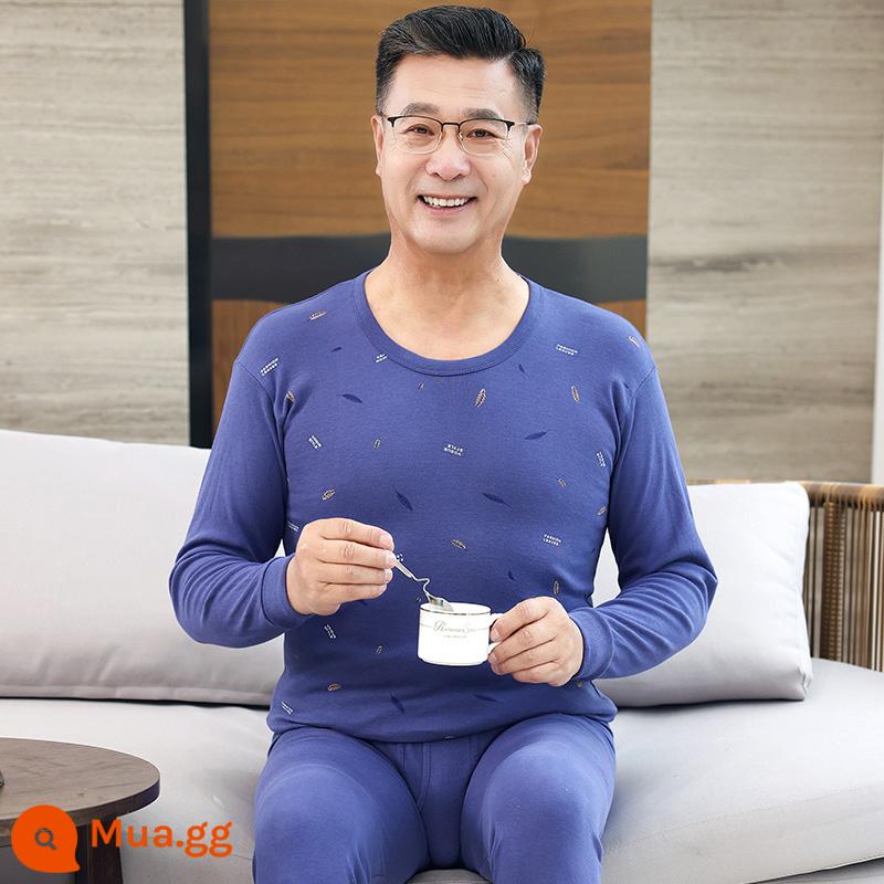 Trung niên và người cao tuổi quần áo mùa thu vệ sinh quần cotton nguyên chất của phụ nữ phù hợp với mẹ kích thước lớn sưởi ấm quần áo nam cao tuổi áo len cotton - Mẫu nam-3603 cổ tròn lông vũ màu xanh đậm