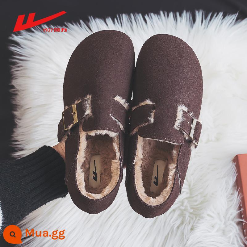 Kéo lại Birkenstock nữ mùa đông 2022 Plus nhung đế dày túi ấm và giày đơn retro áo khoác ngoài giày lười lông thú - Màu nâu [Đa năng, thông thường] Nên lấy lớn hơn một cỡ