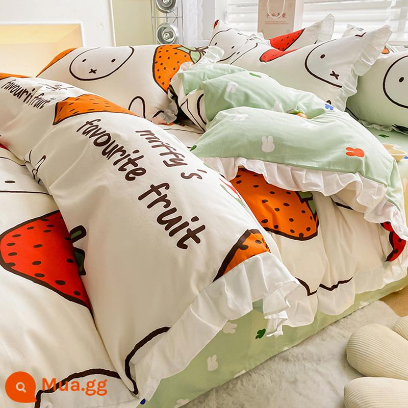 Hoạt Hình Thỏ Miffy Cotton Nguyên Chất 4 Bộ Chăn Ga Gối Cotton Trẻ Em Bé Gái Ký Túc Xá Giường Đơn 3 Bộ Chăn Ga Gối - Kiểu ren-Dâu Miffy