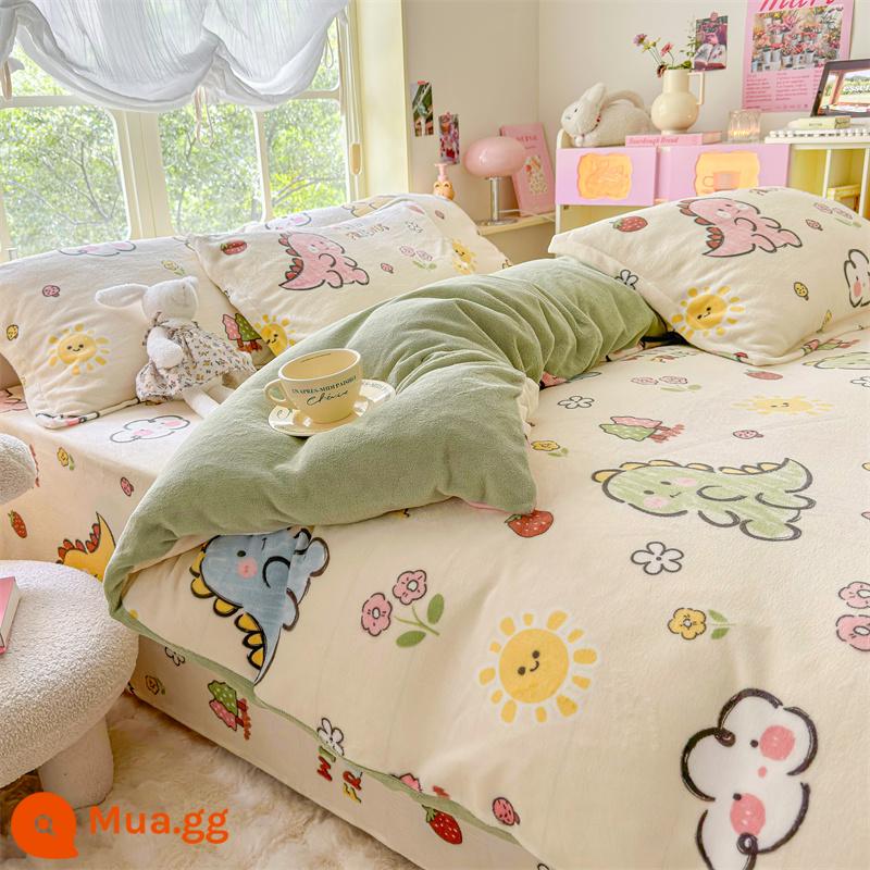 Dày nhung sữa vỏ chăn đơn 2 mặt đơn ký túc xá sinh viên 2 mặt Plus nhung flannel san hô nhung vỏ chăn mùa đông - khủng long nghịch ngợm