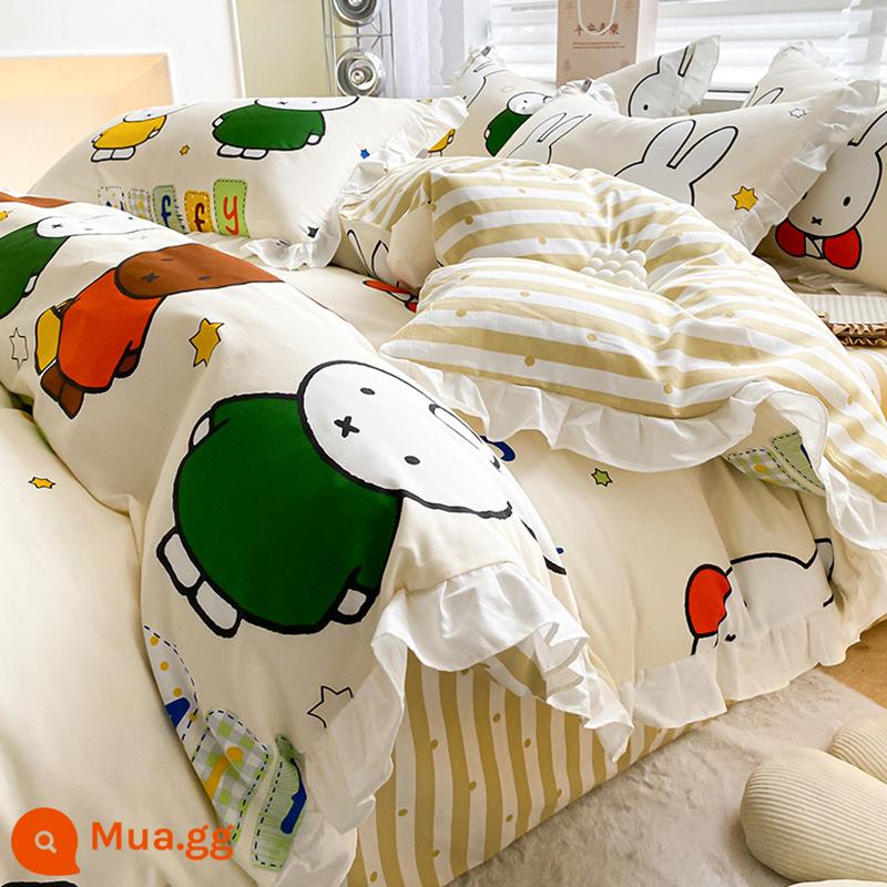 Hoạt Hình Thỏ Miffy Cotton Nguyên Chất 4 Bộ Chăn Ga Gối Cotton Trẻ Em Bé Gái Ký Túc Xá Giường Đơn 3 Bộ Chăn Ga Gối - Phong cách ren-Đối tác của Miffy