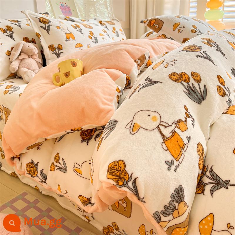 Dày nhung sữa vỏ chăn đơn 2 mặt đơn ký túc xá sinh viên 2 mặt Plus nhung flannel san hô nhung vỏ chăn mùa đông - Trang viên thỏ