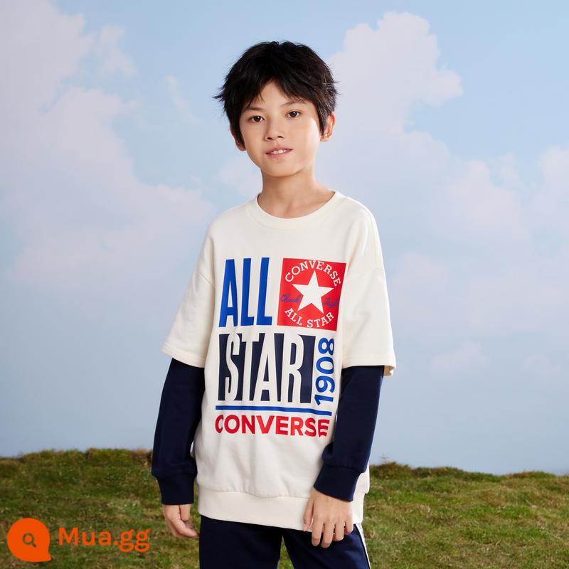 Converse Bộ quần áo trẻ em Converse áo len bé trai 2023 mẫu mới mùa xuân và mùa thu trẻ em lớn giả hai áo rời - lông trắng