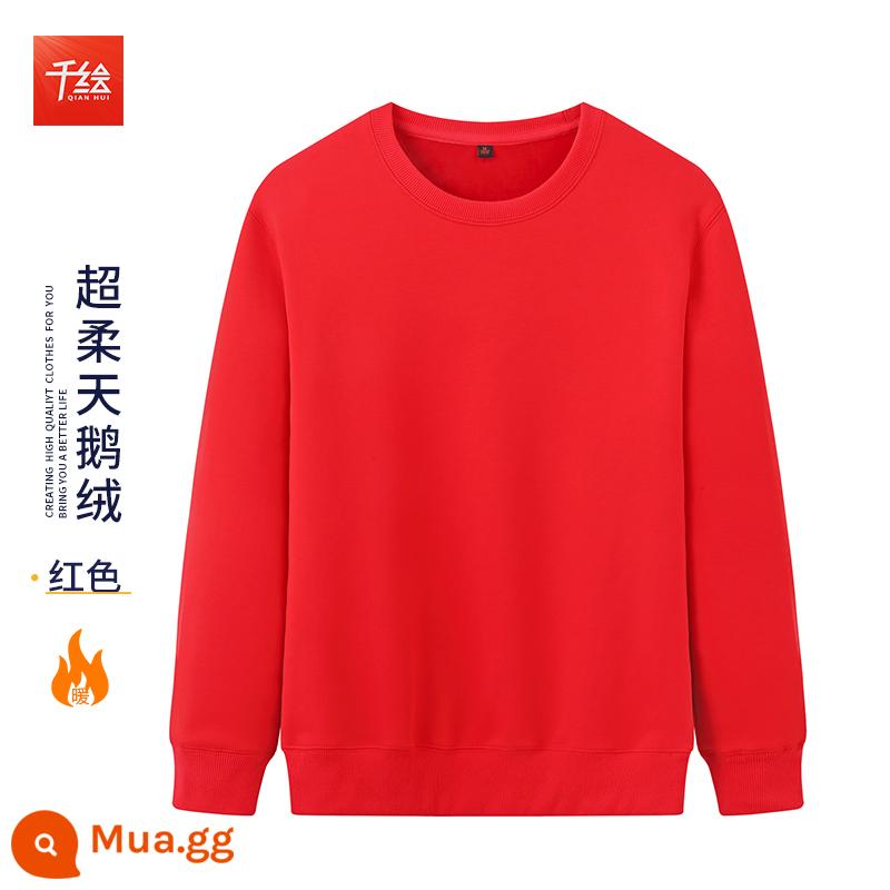 Cổ tròn cotton dày T in logo theo yêu cầu cộng với nhung dài tay nam nữ cùng phong cách đội văn hóa công ty áo sơ mi công sở quần áo mùa thu đông - Cổ tròn màu đỏ cộng với nhung