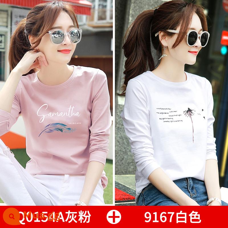 2 cái] áo thun dài tay bằng cotton nguyên chất quần áo mùa xuân của phụ nữ 2023 mới có đáy rộng áo sơ mi nữ quần áo đầu xuân - Bột màu xám Q0154A + 9167 màu trắng