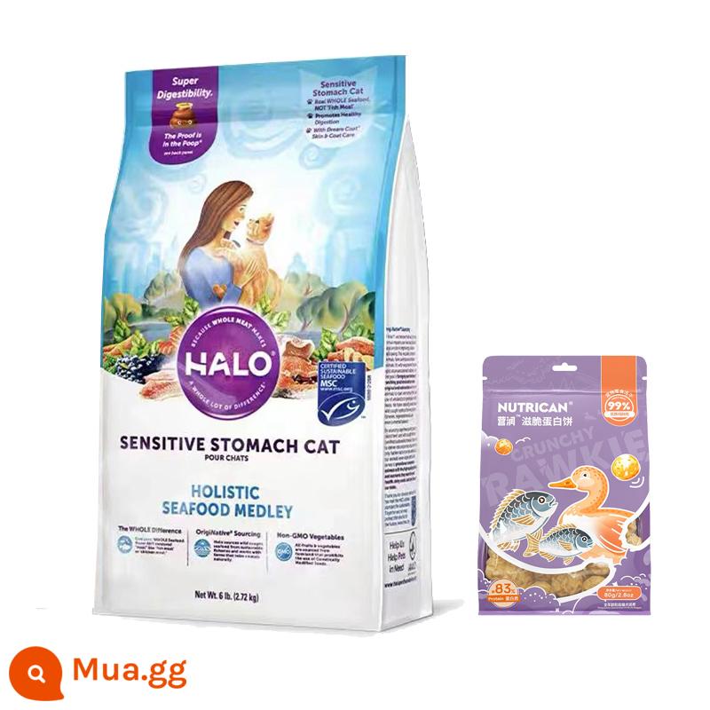 Halo Sauce Halo Halo Halo Bodybuilding Tất cả các loại thức ăn cho mèo nhạy cảm với độ nhạy thấp - Hương vị hải sản 10 pound + Bánh protein Yingrun (vịt)