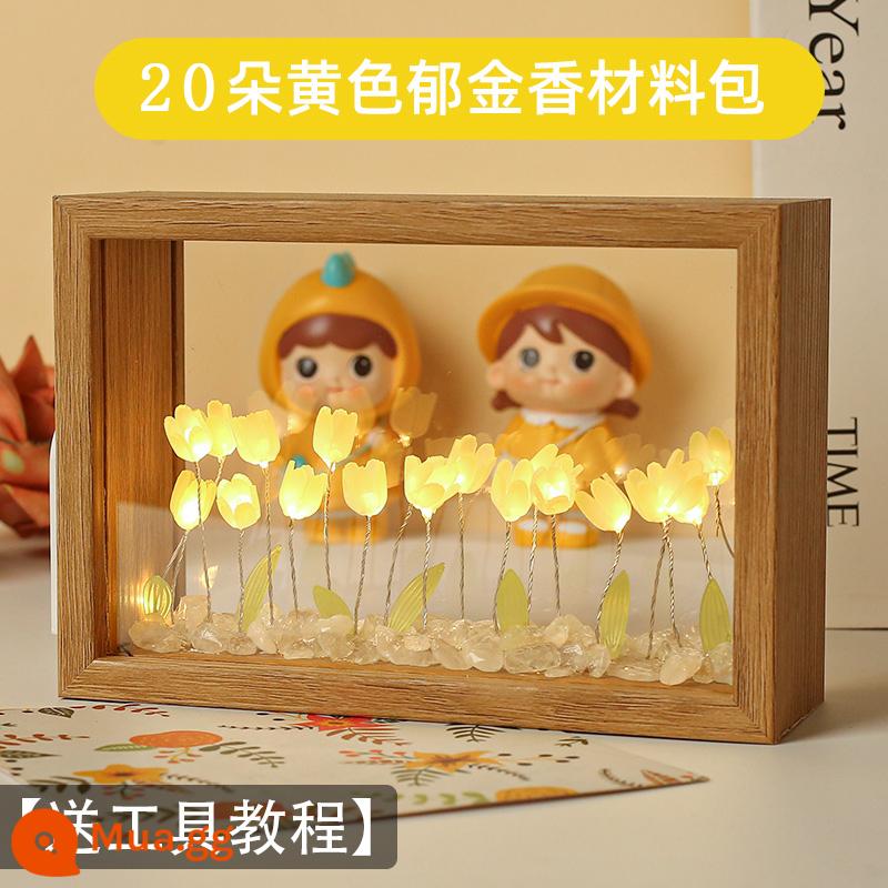 Đèn ngủ hoa tulip khung ảnh handmade tự làm chất liệu hoa vĩnh cửu trang trí cho bạn gái quà tặng sinh nhật bạn gái - Màu vàng [20 bông hoa] 7 inch 2 mặt