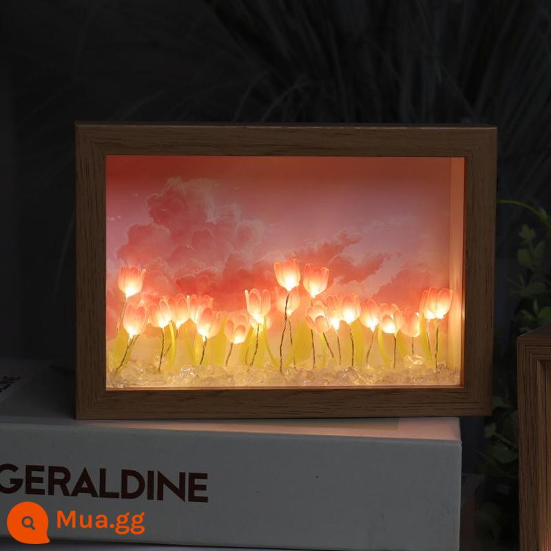 Đèn ngủ hoa tulip khung ảnh handmade tự làm chất liệu hoa vĩnh cửu trang trí cho bạn gái quà tặng sinh nhật bạn gái - Hồng [10 bông hoa] 6 inch một mặt