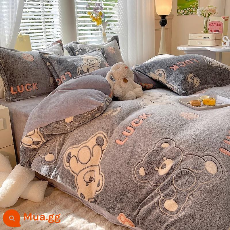 Mùa Đông Dày Sữa Nhung Giường 4 Ấm 2 Mặt Nhung San Hô Thu Đông Vỏ Chăn Plus Nhung 3 Bộ Giường - YY Lucky Bear [lông cừu sữa mềm mại, thân thiện với da, dày và ấm]