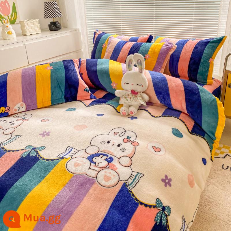 Mùa Đông Dày Sữa Nhung Giường 4 Ấm 2 Mặt Nhung San Hô Thu Đông Vỏ Chăn Plus Nhung 3 Bộ Giường - YY Rainbow Bunny [lông cừu sữa mềm mại và thân thiện với da, dày và ấm]